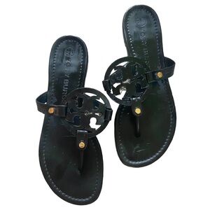 Tory Burch Leather Logo Miller Thong Sandals Sz 9 Black Leather